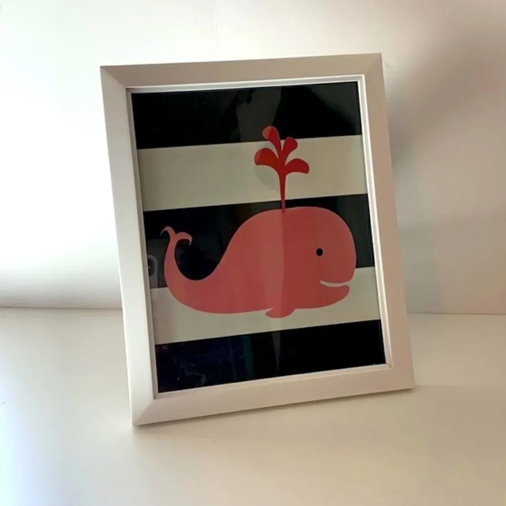 WHALE Wall Art in Navy/White & Pink with White Framed Mirror - NWOT